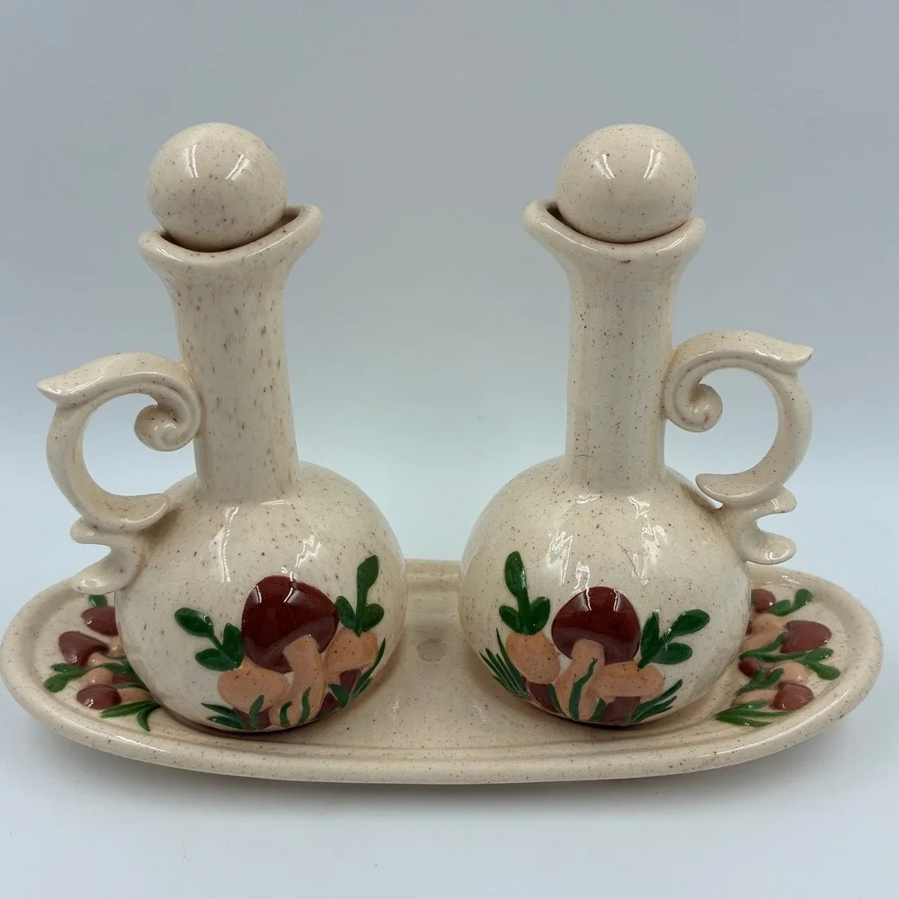 Vintage B Alexander 1981 Ceramic Mushroom Oil Vinegar Cruet Set with Tray 5pc